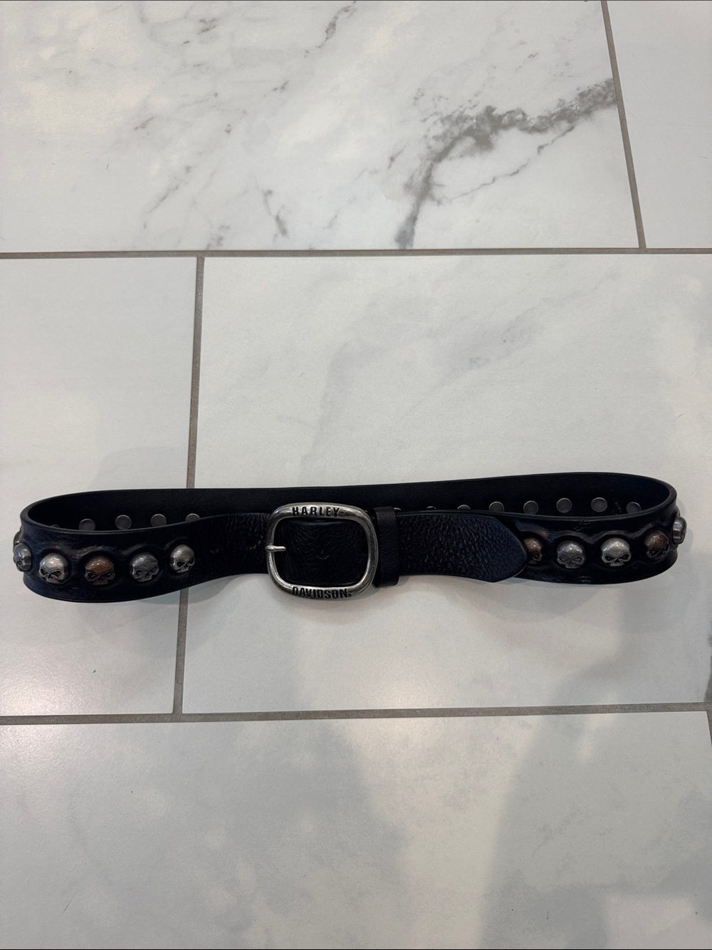 Harley-Davidson Black Leather Skull Stud Belt with Branded Buckle